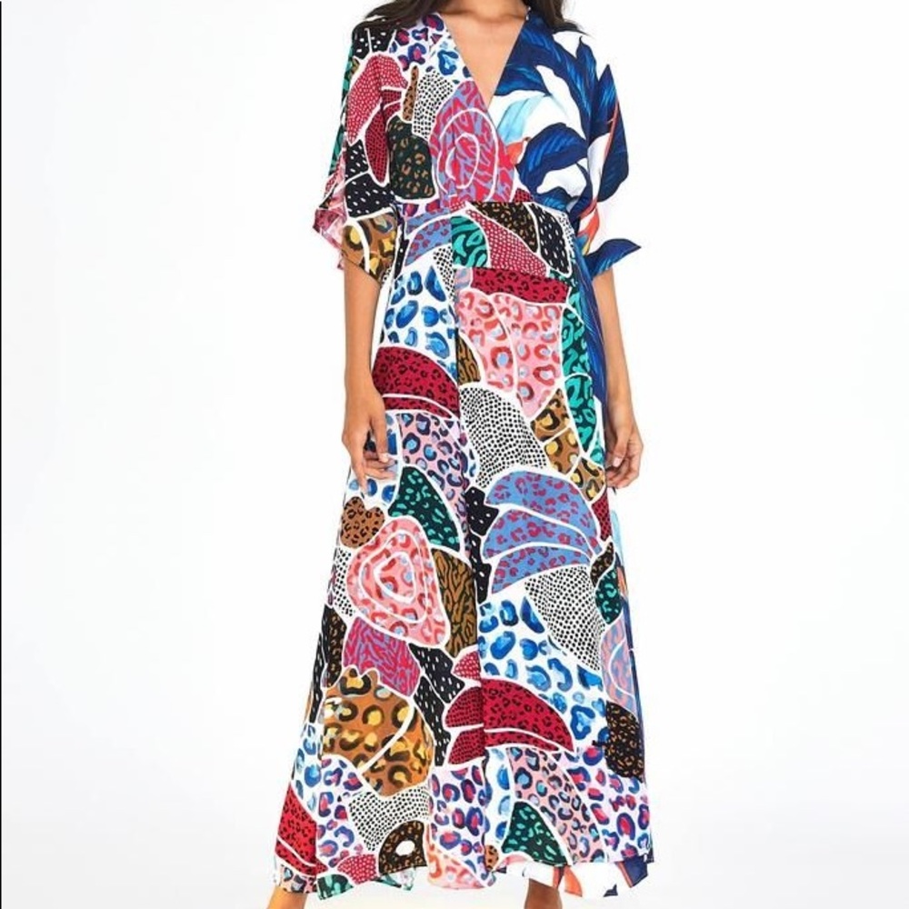 SOLD Farm Rio Palm Patchwork Mixed Maxi Wrap Dress